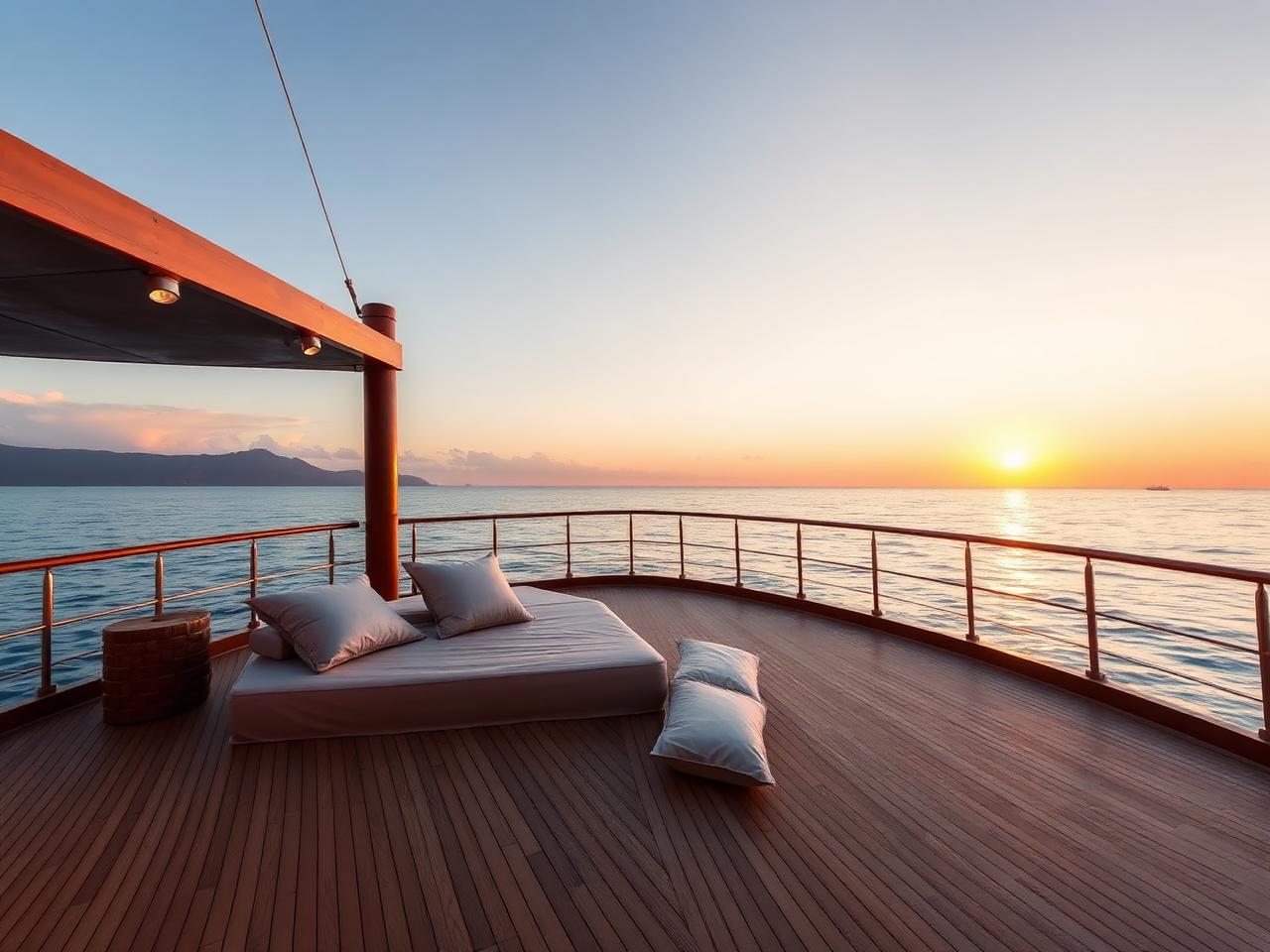 Pont en teck d'un yacht au coucher du soleil sur la mer thaïlandaise