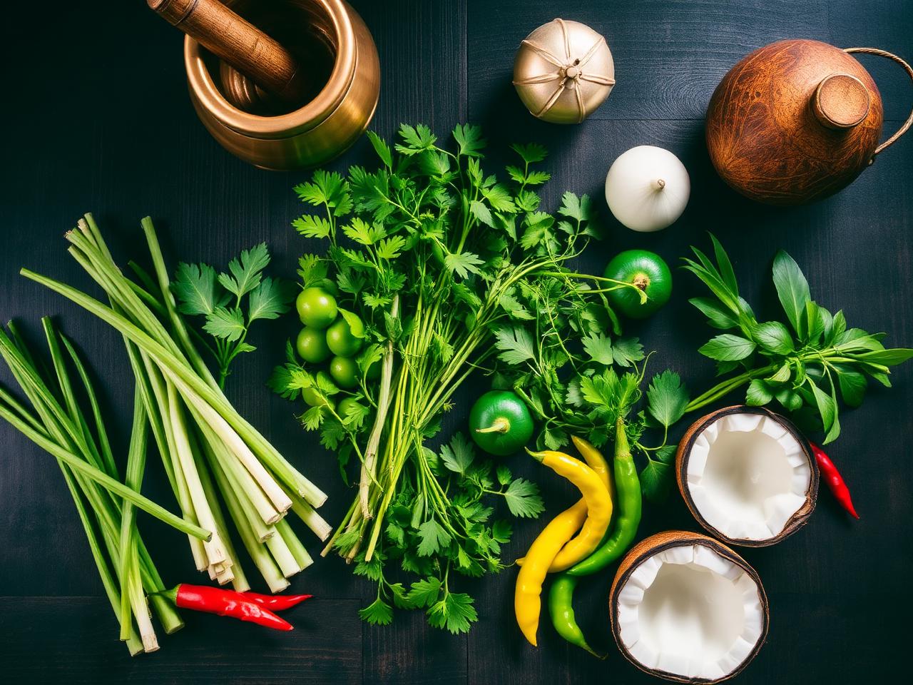 Mise en place d'ingrédients de cuisine thaï sur table en bois sombre