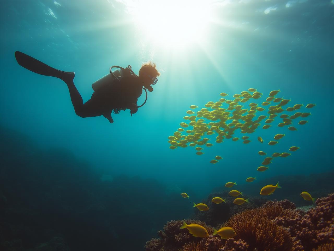 Plongeur sous-marin avec banc de poissons jaunes près d'un récif corallien