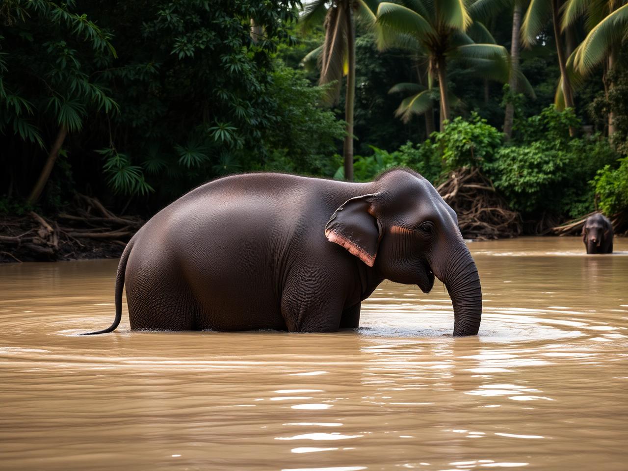 Éléphant d'Asie se baignant dans une rivière de jungle à Koh Samui