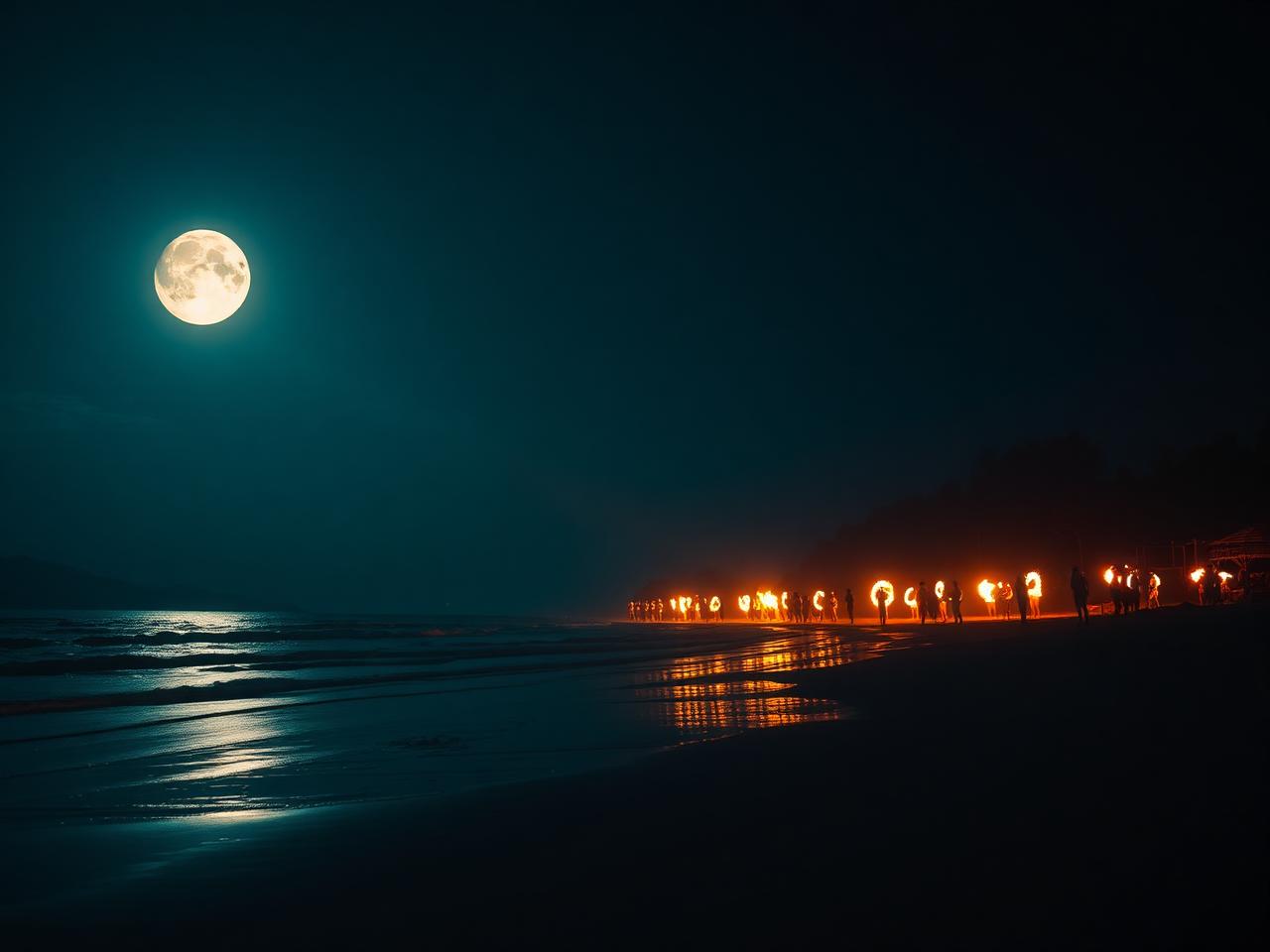 Pleine lune sur la plage de Haad Rin avec lumières de la Full Moon Party