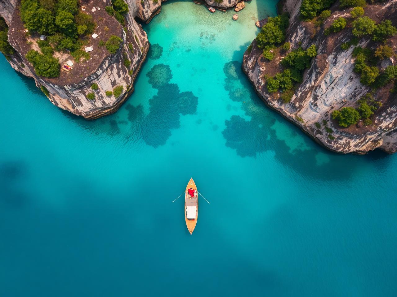 Vue aérienne d'un longtail boat sur une eau turquoise entre des falaises calcaires