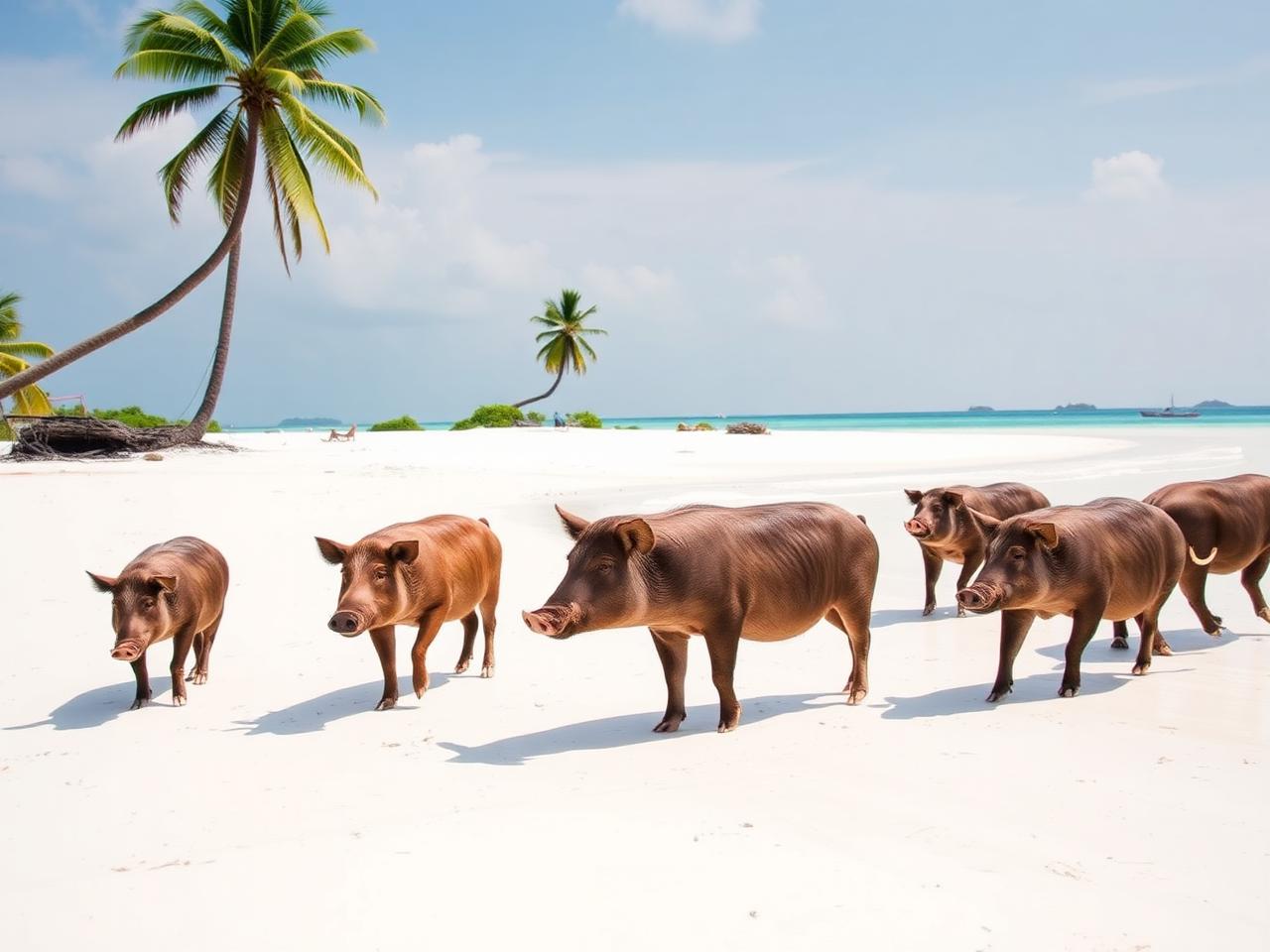 Cochons sur la plage de sable blanc de Koh Madsum