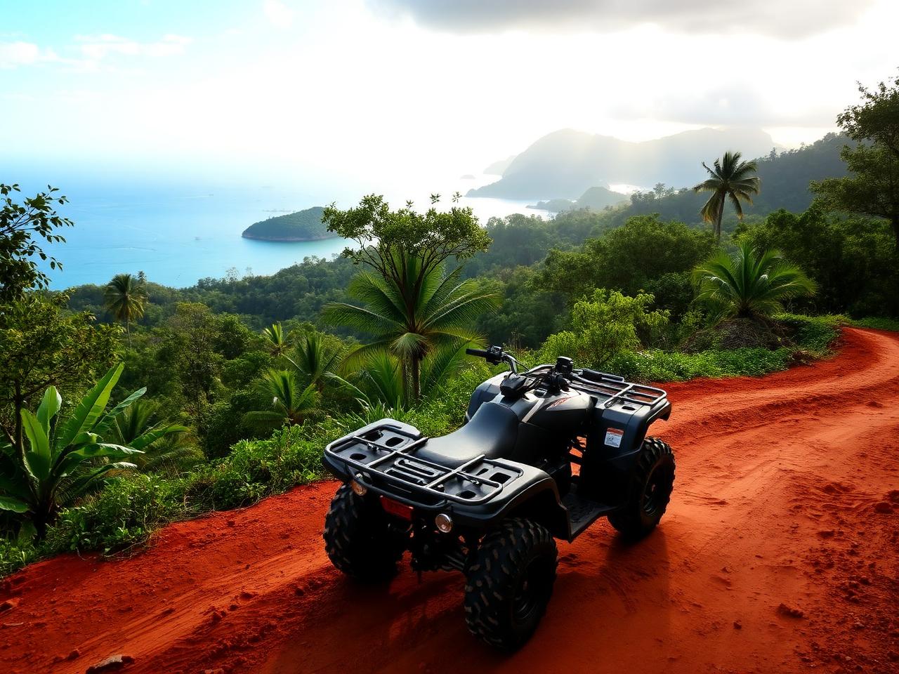 Quad ATV sur une piste de terre rouge dans la jungle de Koh Samui