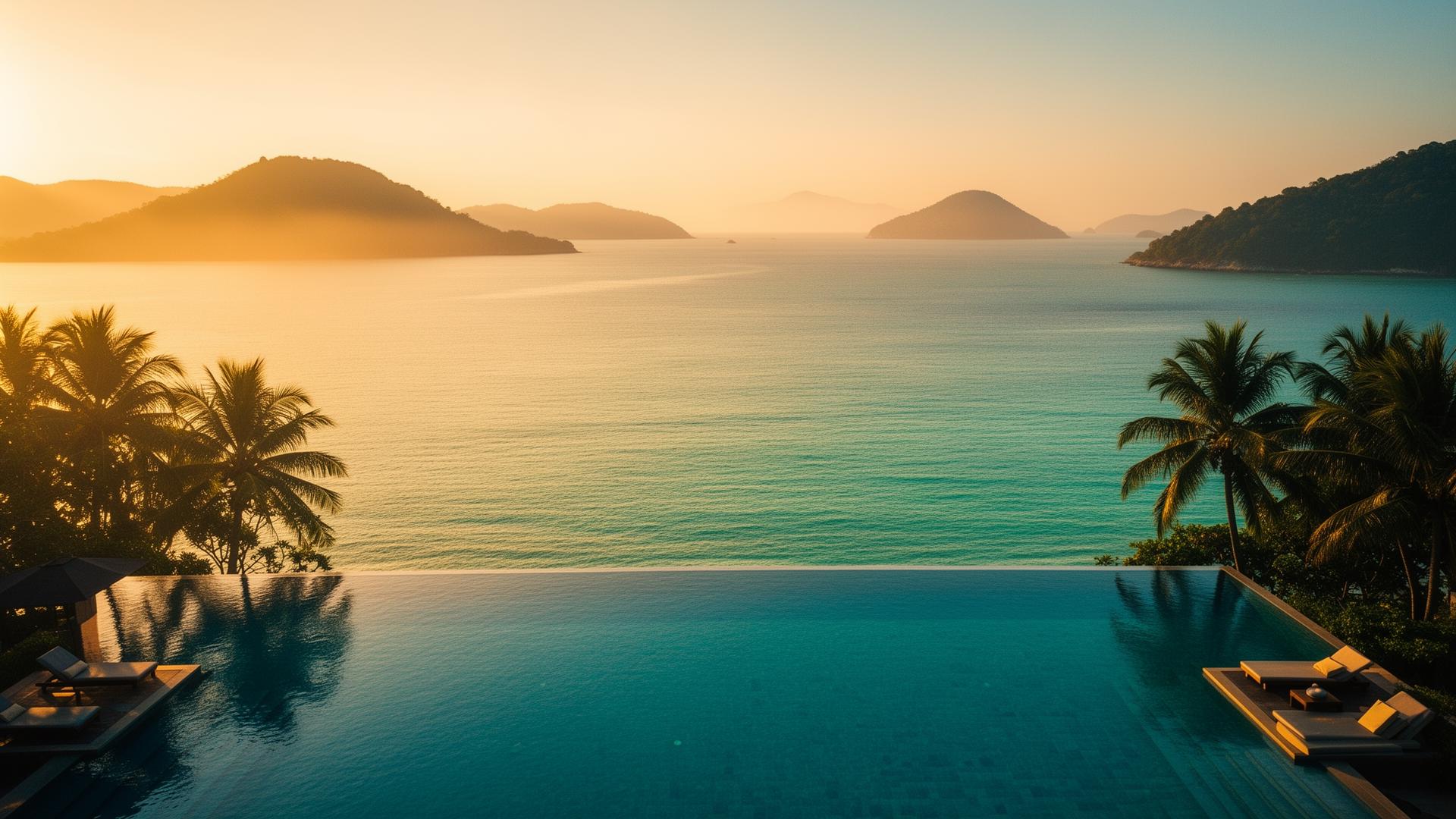 Vue aérienne d'une piscine à débordement face au golfe de Thaïlande à Koh Samui au coucher du soleil