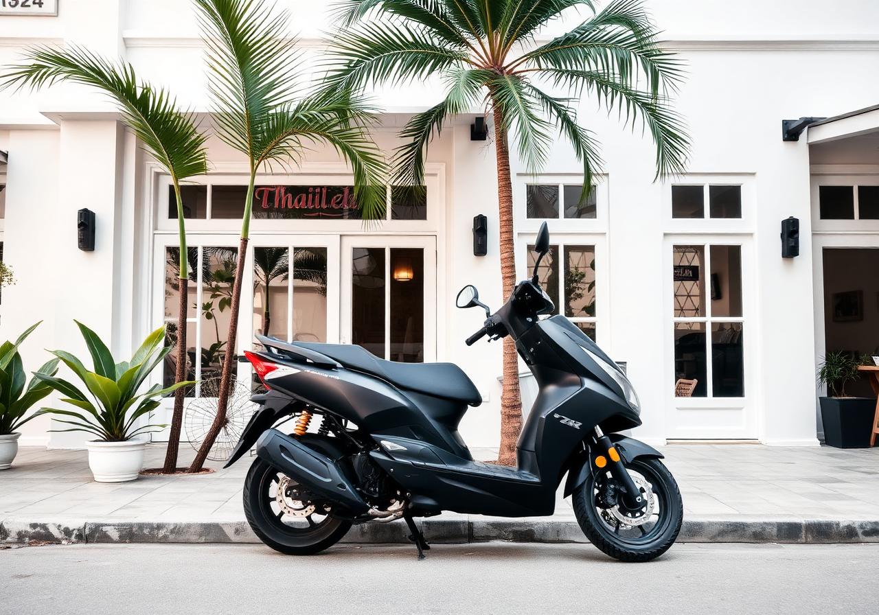 Scooter noir mat garé devant un café minimaliste blanc à Koh Samui